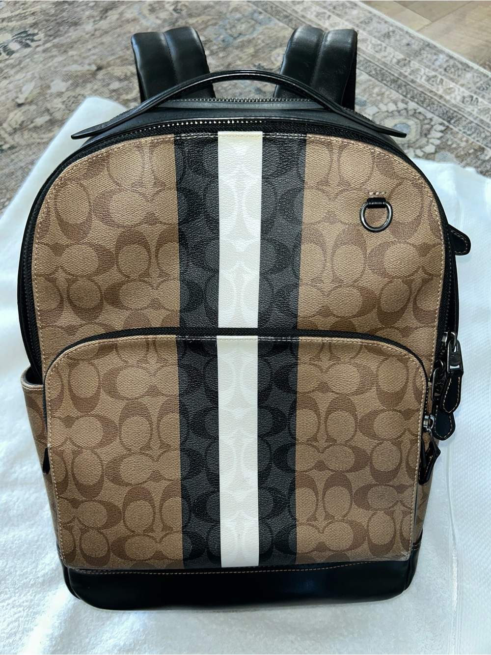 Coach Men’s Brown Signature Canvas Backpack with Black and White Center Stripe